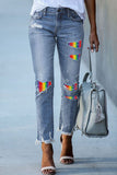 LC787889-4-S, LC787889-4-M, LC787889-4-L, LC787889-4-XL, LC787889-4-2XL, Sky Blue Women's Ripped Holes Rainbow Patch Jeans LGBT Distressed Denim Pants