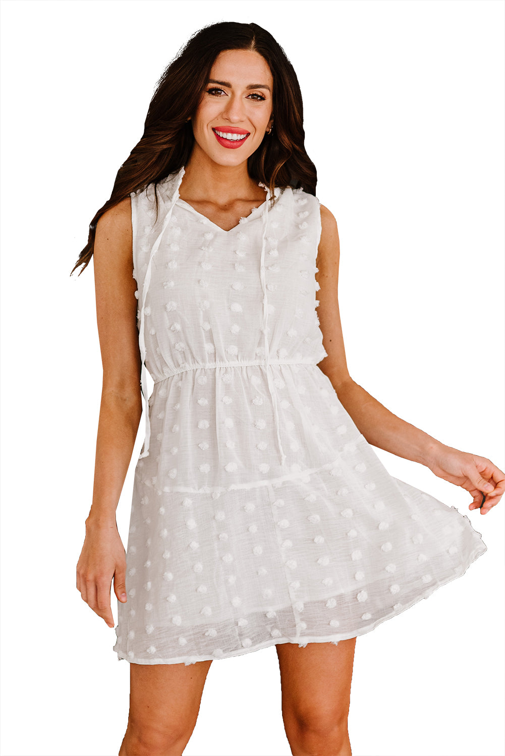 White Womens Sleeveless Split Neck Pom Pom Flowy Mini Dress LC225086-1
