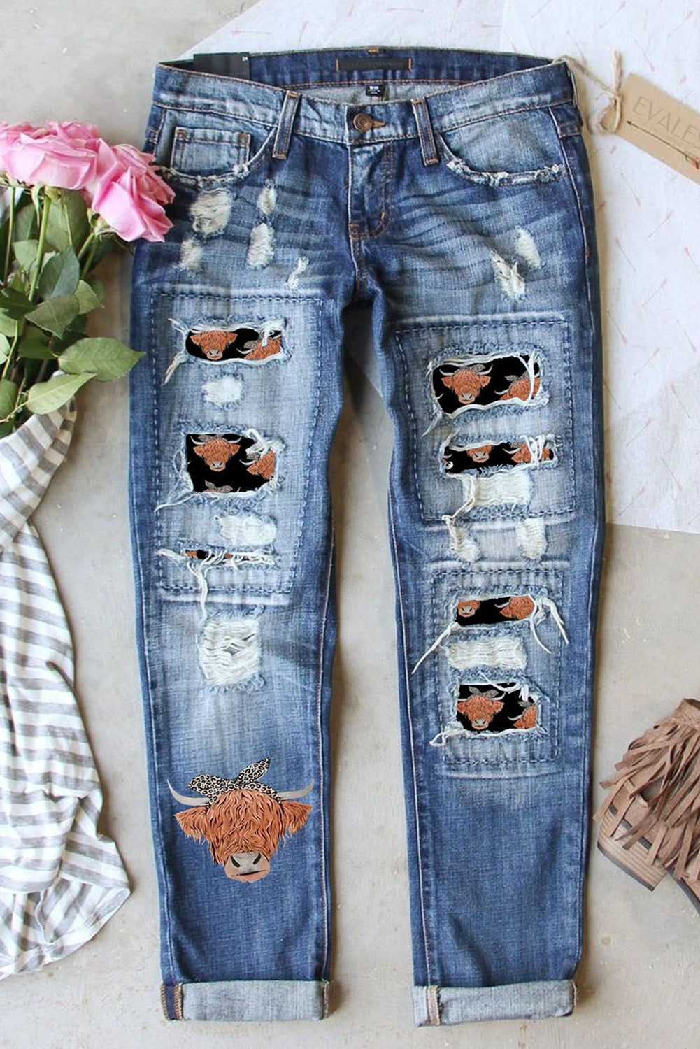 Sky Blue Western Cow Print Ripped Patchwork Graphic Jean LC787928-4