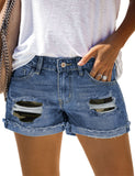 LC78823-9-S, LC78823-9-M, LC78823-9-L, LC78823-9-XL, LC78823-9-2XL, Opal Waters Blue Ripped Patchwork Hem Denim Shorts for Women