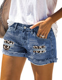 LC78823-20-S, LC78823-20-M, LC78823-20-L, LC78823-20-XL, LC78823-20-2XL, Lapis Gallop Ripped Patchwork Hem Denim Shorts for Women