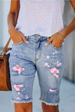 Sky Blue Women Bermuda Shorts Sakura Print Frayed Denim Destroyed Raw Jeans  LC784588-4