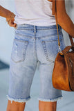 Sky Blue Women Bermuda Shorts Sakura Print Frayed Denim Destroyed Raw Jeans  LC784588-4