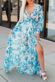 LC6111091-4-S, LC6111091-4-M, LC6111091-4-L, LC6111091-4-XL, Sky Blue Women's Wrap V Neck Floral Long Sleeve Maxi Dress with Slit