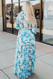 LC6111091-4-S, LC6111091-4-M, LC6111091-4-L, LC6111091-4-XL, Sky Blue Women's Wrap V Neck Floral Long Sleeve Maxi Dress with Slit