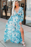 LC6111091-4-S, LC6111091-4-M, LC6111091-4-L, LC6111091-4-XL, Sky Blue Women's Wrap V Neck Floral Long Sleeve Maxi Dress with Slit