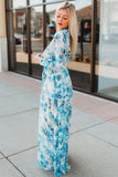 LC6111091-4-S, LC6111091-4-M, LC6111091-4-L, LC6111091-4-XL, Sky Blue Women's Wrap V Neck Floral Long Sleeve Maxi Dress with Slit