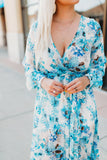 LC6111091-4-S, LC6111091-4-M, LC6111091-4-L, LC6111091-4-XL, Sky Blue Women's Wrap V Neck Floral Long Sleeve Maxi Dress with Slit