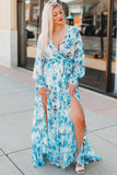 LC6111091-4-S, LC6111091-4-M, LC6111091-4-L, LC6111091-4-XL, Sky Blue Women's Wrap V Neck Floral Long Sleeve Maxi Dress with Slit