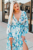 LC6111091-4-S, LC6111091-4-M, LC6111091-4-L, LC6111091-4-XL, Sky Blue Women's Wrap V Neck Floral Long Sleeve Maxi Dress with Slit
