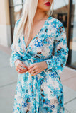 LC6111091-4-S, LC6111091-4-M, LC6111091-4-L, LC6111091-4-XL, Sky Blue Women's Wrap V Neck Floral Long Sleeve Maxi Dress with Slit