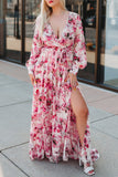 LC6111091-10-S, LC6111091-10-M, LC6111091-10-L, LC6111091-10-XL, Pink Women's Wrap V Neck Floral Long Sleeve Maxi Dress with Slit
