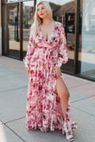 LC6111091-10-S, LC6111091-10-M, LC6111091-10-L, LC6111091-10-XL, Pink Women's Wrap V Neck Floral Long Sleeve Maxi Dress with Slit