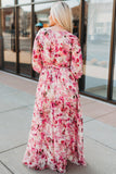 LC6111091-10-S, LC6111091-10-M, LC6111091-10-L, LC6111091-10-XL, Pink Women's Wrap V Neck Floral Long Sleeve Maxi Dress with Slit