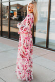 LC6111091-10-S, LC6111091-10-M, LC6111091-10-L, LC6111091-10-XL, Pink Women's Wrap V Neck Floral Long Sleeve Maxi Dress with Slit