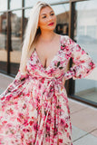 LC6111091-10-S, LC6111091-10-M, LC6111091-10-L, LC6111091-10-XL, Pink Women's Wrap V Neck Floral Long Sleeve Maxi Dress with Slit
