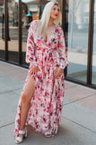 LC6111091-10-S, LC6111091-10-M, LC6111091-10-L, LC6111091-10-XL, Pink Women's Wrap V Neck Floral Long Sleeve Maxi Dress with Slit