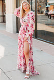 LC6111091-10-S, LC6111091-10-M, LC6111091-10-L, LC6111091-10-XL, Pink Women's Wrap V Neck Floral Long Sleeve Maxi Dress with Slit