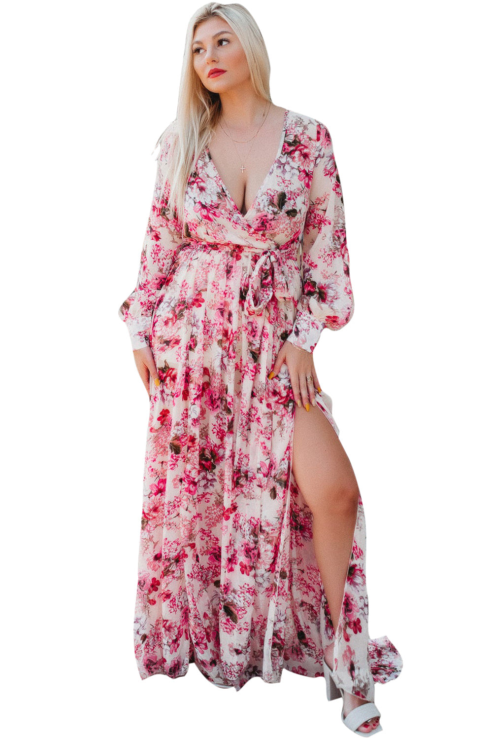 LC6111091-10-S, LC6111091-10-M, LC6111091-10-L, LC6111091-10-XL, Pink Women's Wrap V Neck Floral Long Sleeve Maxi Dress with Slit