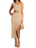 LC6110015-18-S, LC6110015-18-M, LC6110015-18-L, LC6110015-18-XL, LC6110015-18-XS, Apricot Womens Sexy One Shoulder Cut Out Midi Dress Party Dress with Side Slit