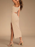 LC6110015-18-S, LC6110015-18-M, LC6110015-18-L, LC6110015-18-XL, LC6110015-18-XS, Apricot Womens Sexy One Shoulder Cut Out Midi Dress Party Dress with Side Slit