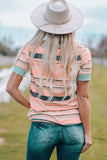 Pink Womens Multicolor Stripes Crew Neck T Shirt LC25114092-10