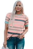 Pink Womens Multicolor Stripes Crew Neck T Shirt LC25114092-10