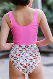 Pink Ladies Square Neck Sleeveless Print Tankini Set LC411478-10