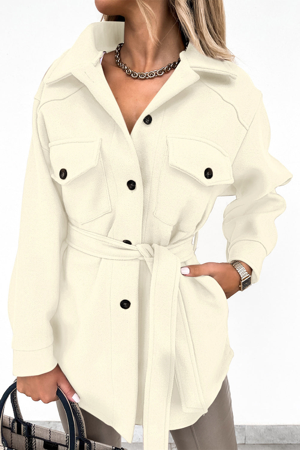 White Women's Lapel Button Down Coat Winter Belted Coat with Pockets LC8511359-1