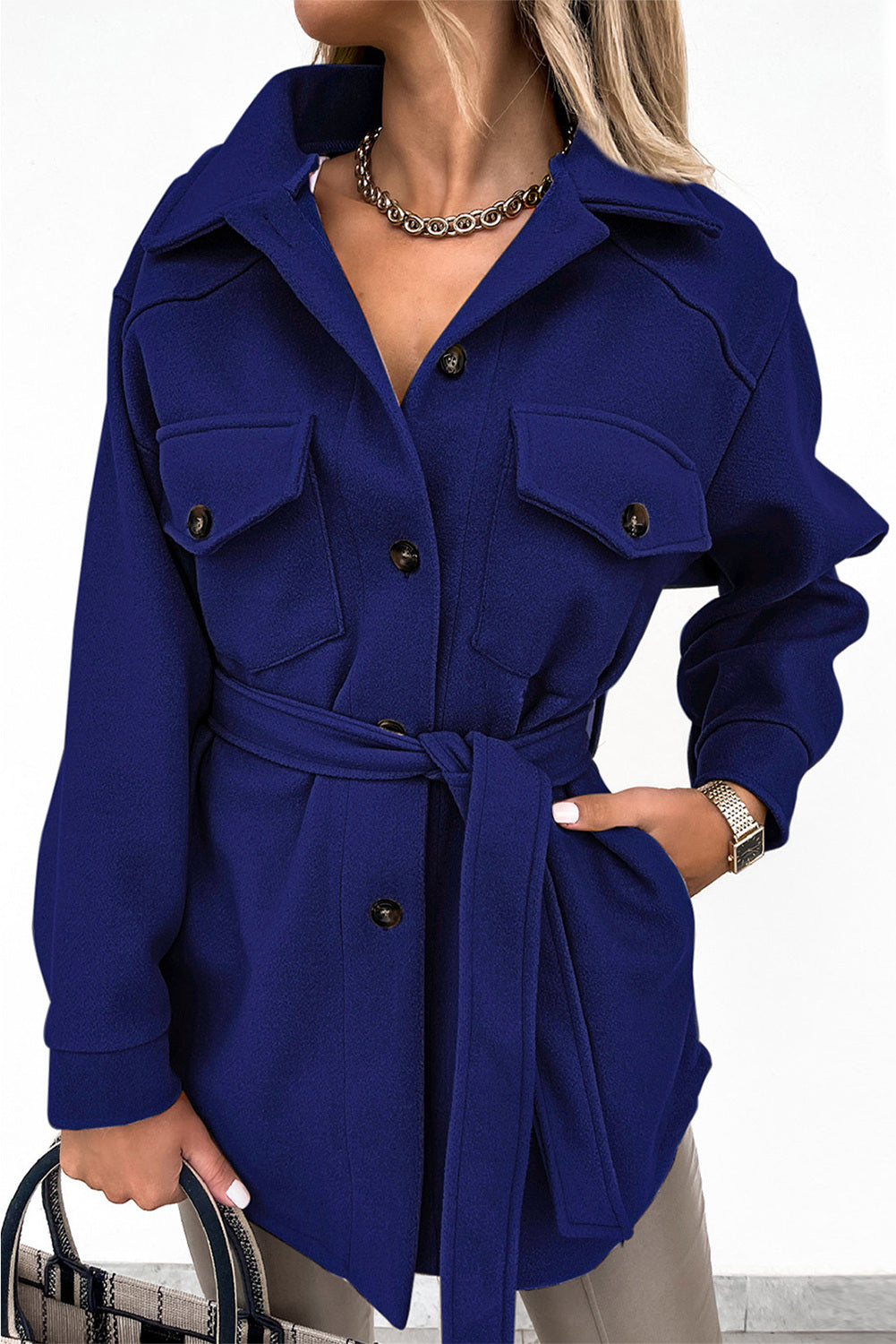 Blue Women's Lapel Button Down Coat Winter Belted Coat with Pockets LC8511359-105