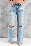 Sky Blue Women's Loose Hollow-out Denim Pants Distressed Wide Leg Jeans LC787114-4