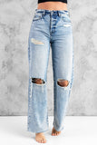 Sky Blue Women's Loose Hollow-out Denim Pants Distressed Wide Leg Jeans LC787114-4