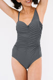 Gray Asymmetric Shoulder Ruched Cut Out Back One Piece Bathing Suit LC412064-11