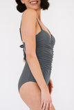 Gray Asymmetric Shoulder Ruched Cut Out Back One Piece Bathing Suit LC412064-11