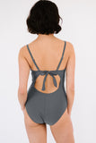 Gray Asymmetric Shoulder Ruched Cut Out Back One Piece Bathing Suit LC412064-11