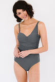 Gray Asymmetric Shoulder Ruched Cut Out Back One Piece Bathing Suit LC412064-11