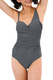 Gray Asymmetric Shoulder Ruched Cut Out Back One Piece Bathing Suit LC412064-11