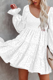 LC6111010-1-S, LC6111010-1-M, LC6111010-1-L, LC6111010-1-XL, White Womens Leopard High Waist Smocked Long Sleeve Casual Dresses