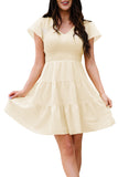 Beige White Ruffle Dress Smocked Flowy Mini Dress for Women LC2210934-15