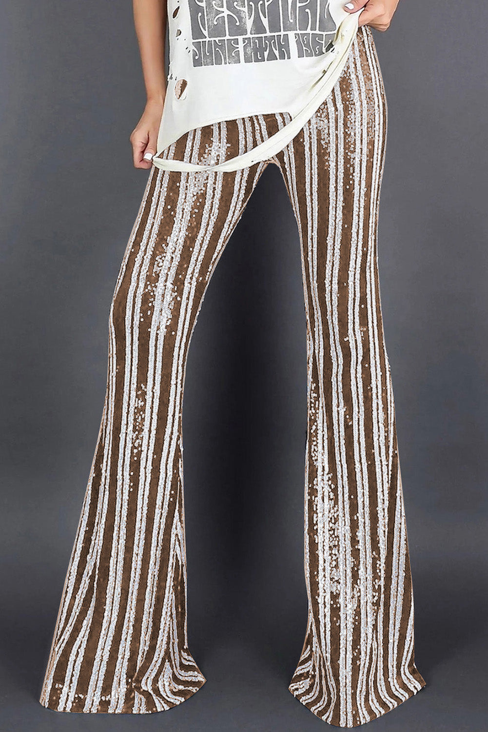 LC77253-18-S, LC77253-18-M, LC77253-18-L, LC77253-18-XL, LC77253-18-2XL, Apricot Sequin Stripe High Waist Flare Pants