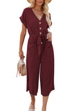 LC643609-3-S, LC643609-3-M, LC643609-3-L, LC643609-3-XL, LC643609-3-2XL, Red Women's Casual Long Pants Romper V Neck Pocketed Jumpsuit