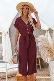 LC643609-3-S, LC643609-3-M, LC643609-3-L, LC643609-3-XL, LC643609-3-2XL, Red Women's Casual Long Pants Romper V Neck Pocketed Jumpsuit