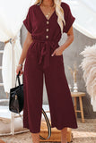 LC643609-3-S, LC643609-3-M, LC643609-3-L, LC643609-3-XL, LC643609-3-2XL, Red Women's Casual Long Pants Romper V Neck Pocketed Jumpsuit