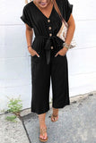 LC643609-2-S, LC643609-2-M, LC643609-2-L, LC643609-2-XL, LC643609-2-2XL, Black Women's Casual Long Pants Romper V Neck Pocketed Jumpsuit