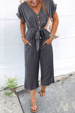 LC643609-11-S, LC643609-11-M, LC643609-11-L, LC643609-11-XL, LC643609-11-2XL, Gray Women's Casual Long Pants Romper V Neck Pocketed Jumpsuit