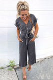 LC643609-11-S, LC643609-11-M, LC643609-11-L, LC643609-11-XL, LC643609-11-2XL, Gray Women's Casual Long Pants Romper V Neck Pocketed Jumpsuit