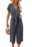 LC643609-11-S, LC643609-11-M, LC643609-11-L, LC643609-11-XL, LC643609-11-2XL, Gray Women's Casual Long Pants Romper V Neck Pocketed Jumpsuit