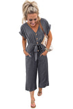 LC643609-11-S, LC643609-11-M, LC643609-11-L, LC643609-11-XL, LC643609-11-2XL, Gray Women's Casual Long Pants Romper V Neck Pocketed Jumpsuit