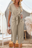 LC643609-16-S, LC643609-16-M, LC643609-16-L, LC643609-16-XL, LC643609-16-2XL, Khaki Women's Casual Long Pants Romper V Neck Pocketed Jumpsuit