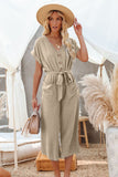 LC643609-16-S, LC643609-16-M, LC643609-16-L, LC643609-16-XL, LC643609-16-2XL, Khaki Women's Casual Long Pants Romper V Neck Pocketed Jumpsuit